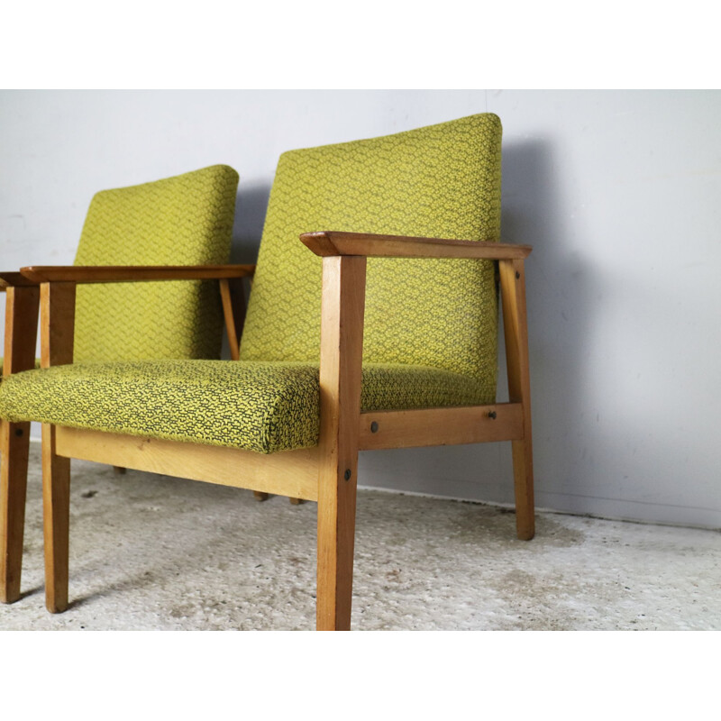 Vintage pair of yellow green armchairs, Czechoslovakia