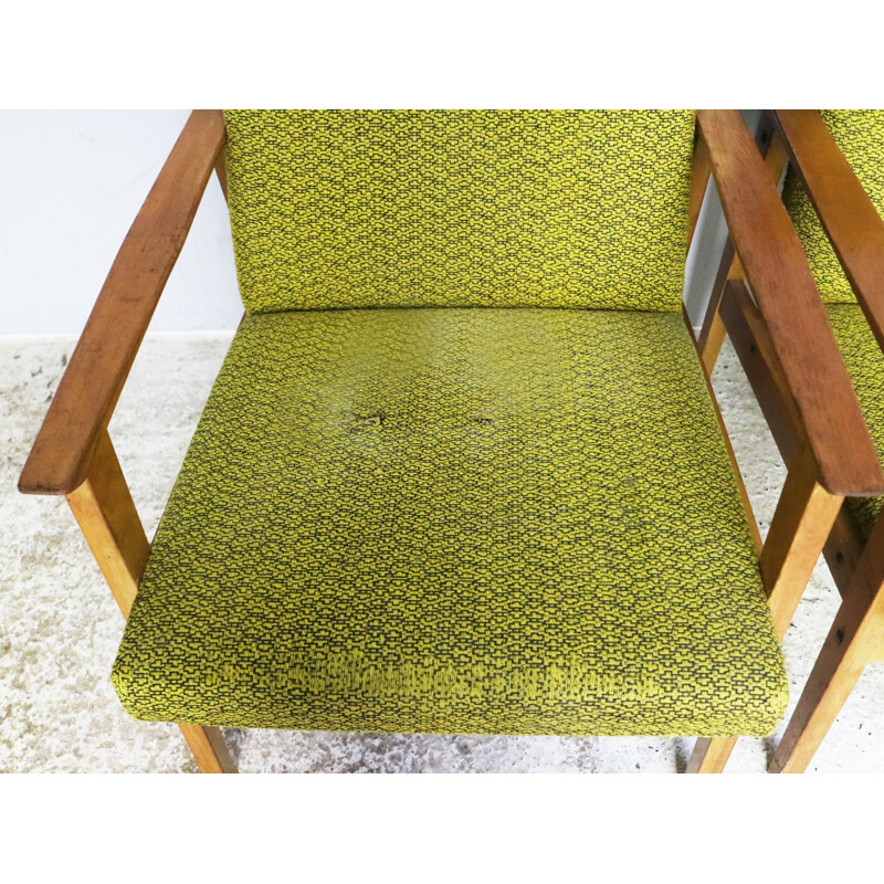 Vintage pair of yellow green armchairs, Czechoslovakia