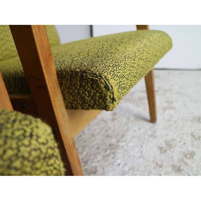 Vintage pair of yellow green armchairs, Czechoslovakia