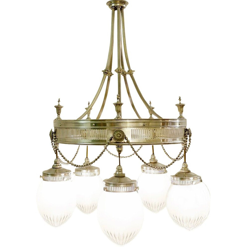 Vintage silver plated bronze and cut crystal chandelier, France
