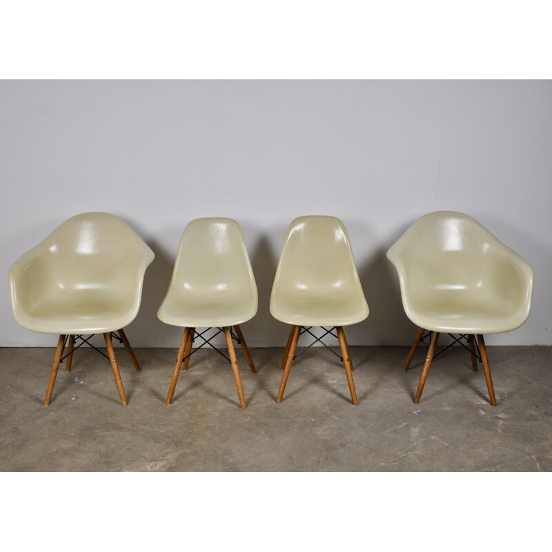 Vintage set of DSW Dining Chair and armchairs by Charles and Ray Eames for Herman Miller, 1970s