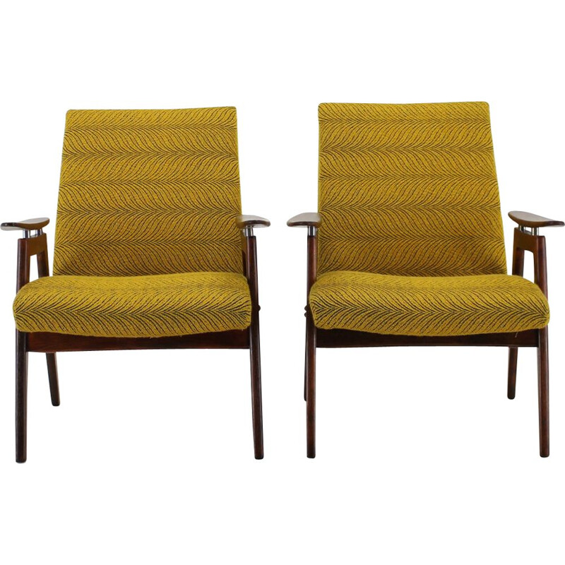 Pair of 2 yellow armchairs in beech wood, Czechoslovakia, 1960