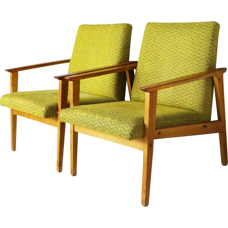 Vintage pair of yellow green armchairs, Czechoslovakia