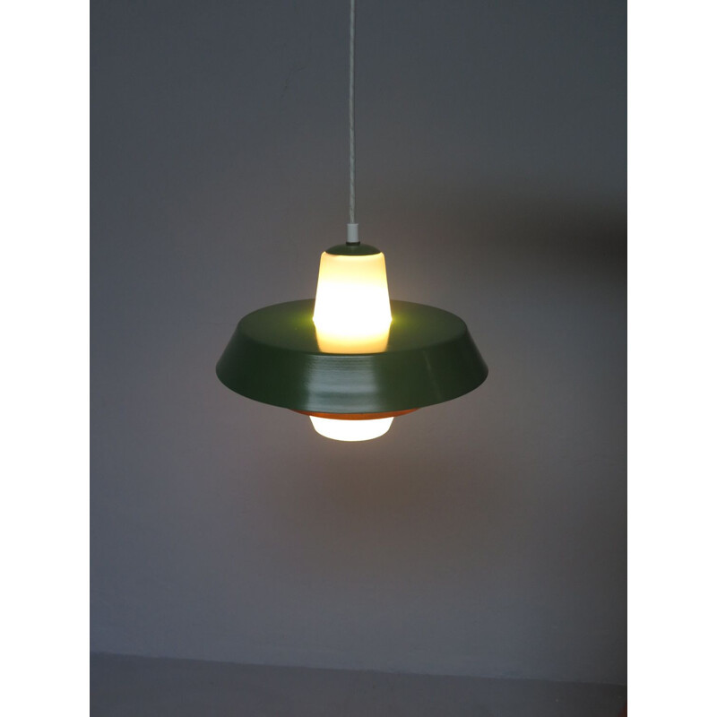 Vintage opaline and aluminium pendant lamp, 1950s