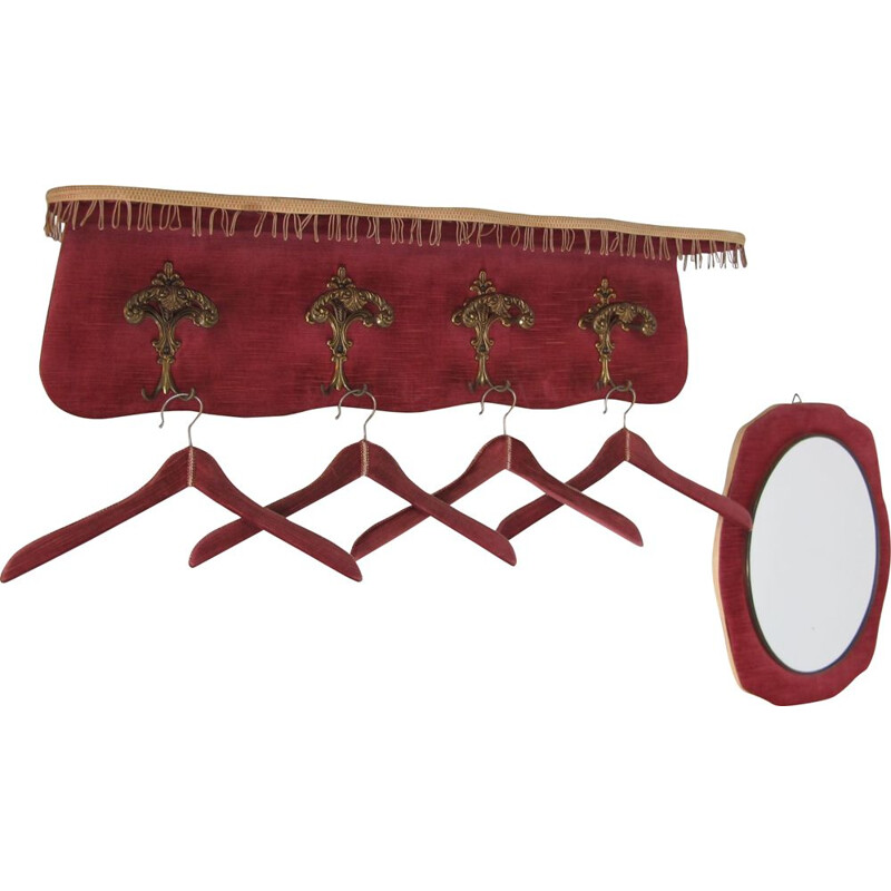 Velvet and brass vintage wall coat rack with mirror, 1950s