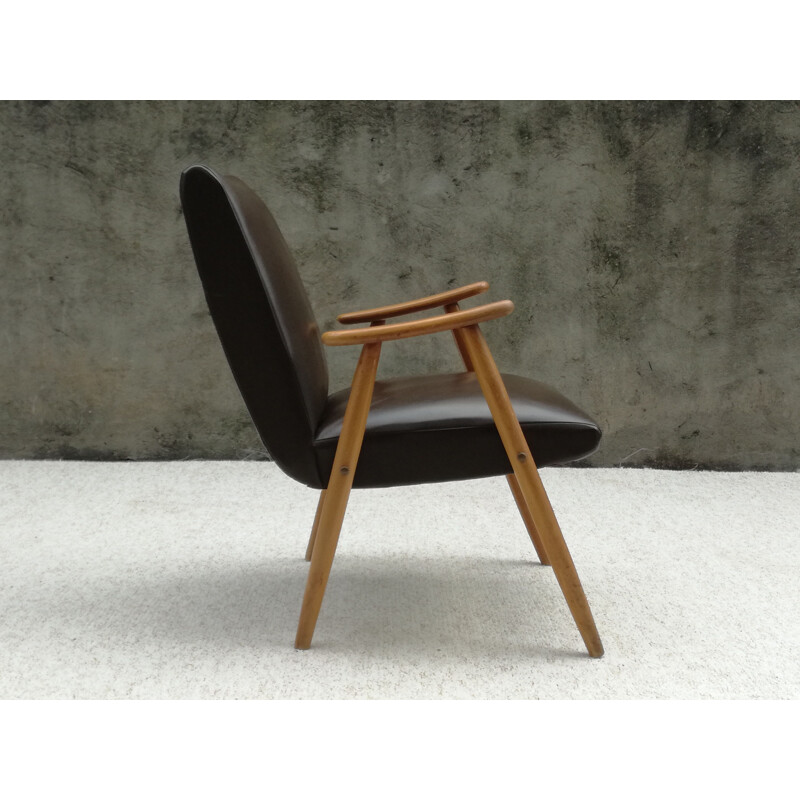 Vintage Scandinavian beech and brown leatherette armchair 1960