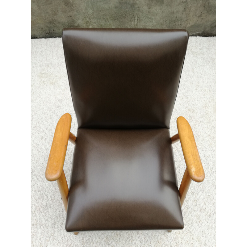 Fauteuil scandinave vintage en hêtre et skaï marron 1960