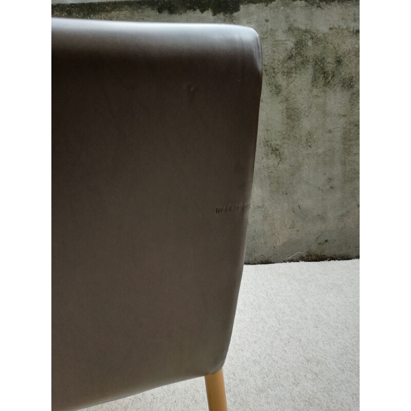 Vintage Scandinavian beech and brown leatherette armchair 1960