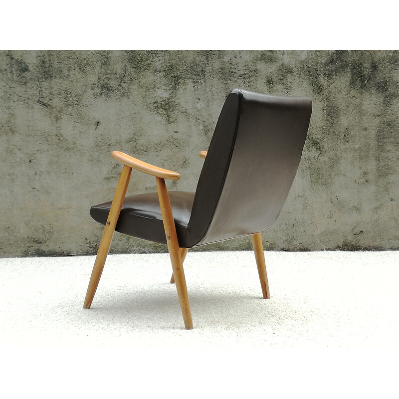 Vintage Scandinavian beech and brown leatherette armchair 1960