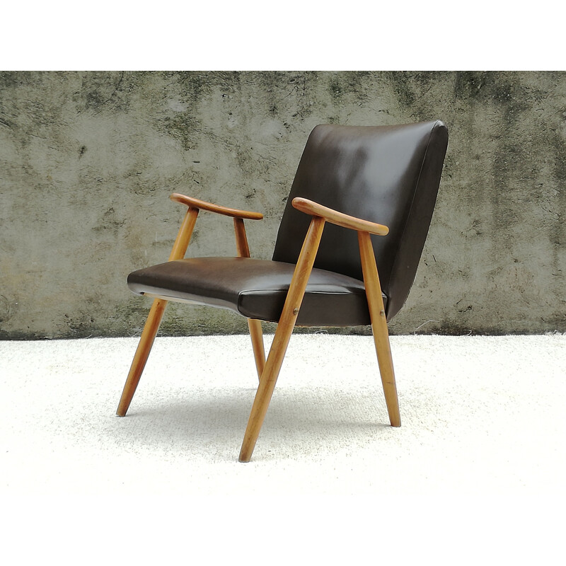 Fauteuil scandinave vintage en hêtre et skaï marron 1960