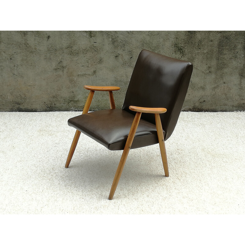 Vintage Scandinavian beech and brown leatherette armchair 1960