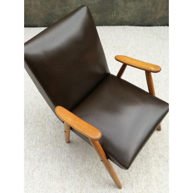 Fauteuil scandinave vintage en hêtre et skaï marron 1960