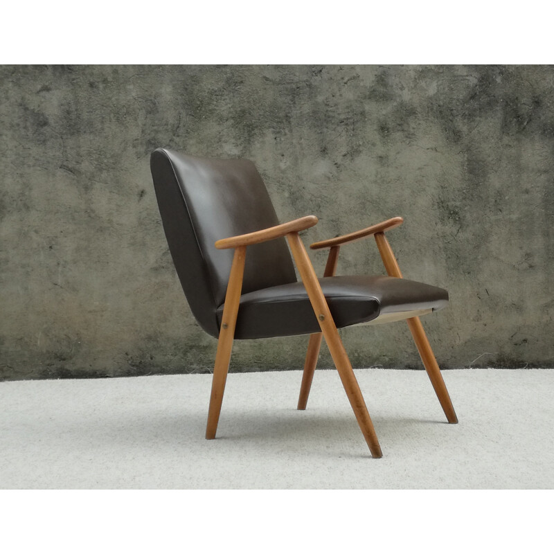 Vintage Scandinavian beech and brown leatherette armchair 1960