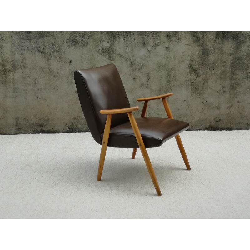 Vintage Scandinavian beech and brown leatherette armchair 1960