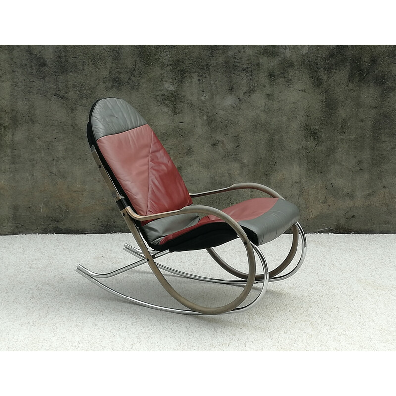 Vintage rocking chair acier, bois et cuir "Nonna" par Paul Tuttle pour Strässle