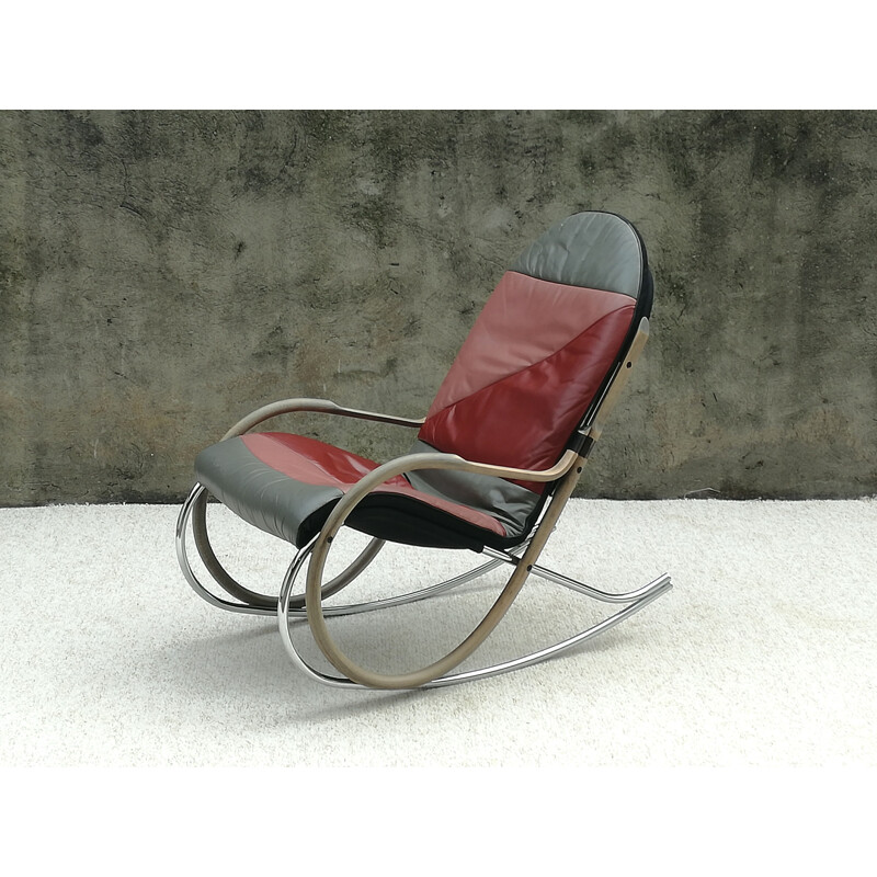 Vintage rocking chair steel, wood and leather "Nonna" by Paul Tuttle for Strässle