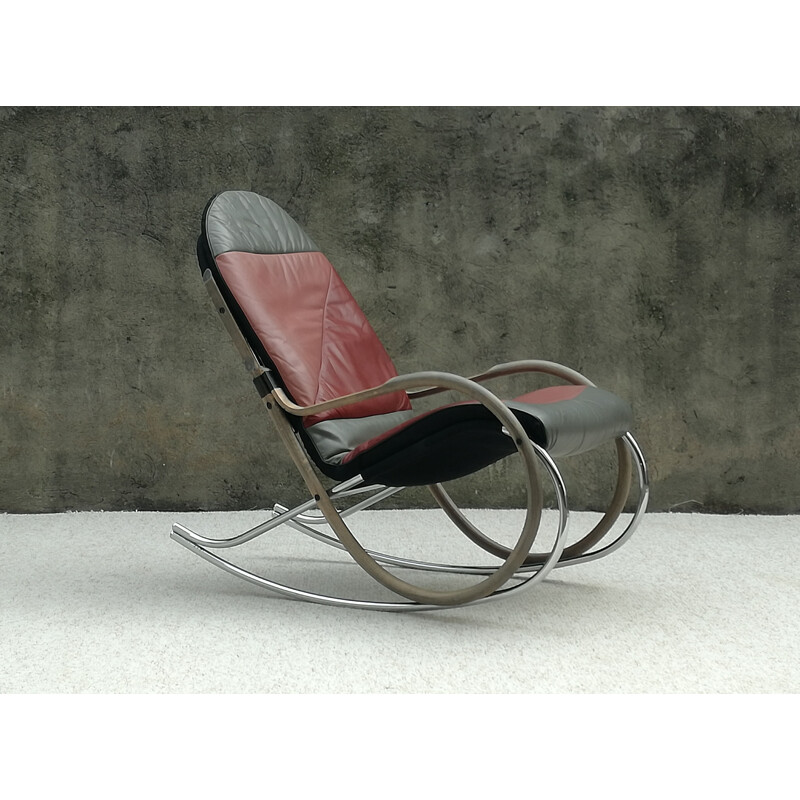 Vintage rocking chair acier, bois et cuir "Nonna" par Paul Tuttle pour Strässle