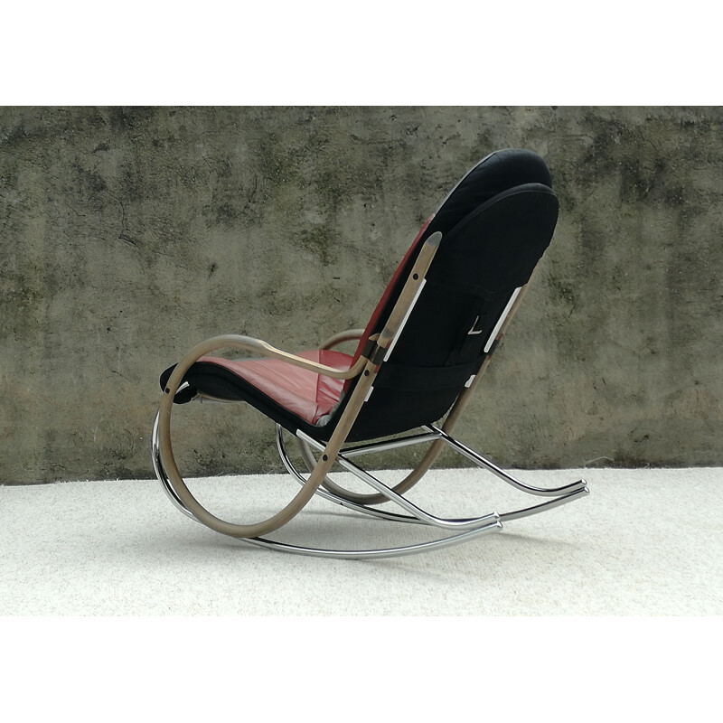 Vintage rocking chair steel, wood and leather "Nonna" by Paul Tuttle for Strässle