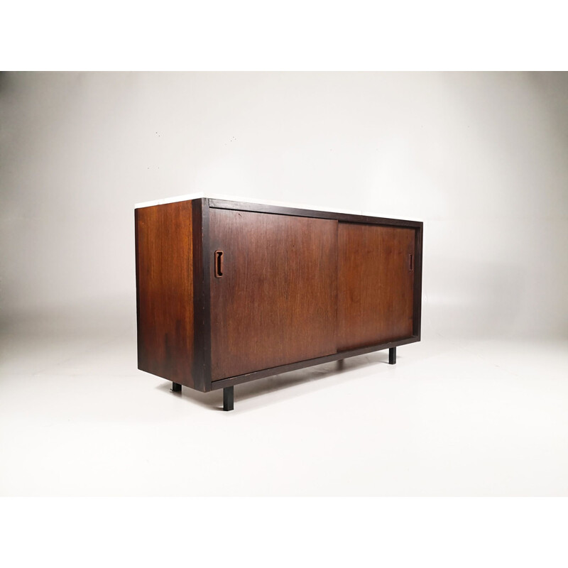 Vintage sideboard with two sliding doors in wenge and Carrara marble, Germany, 1960