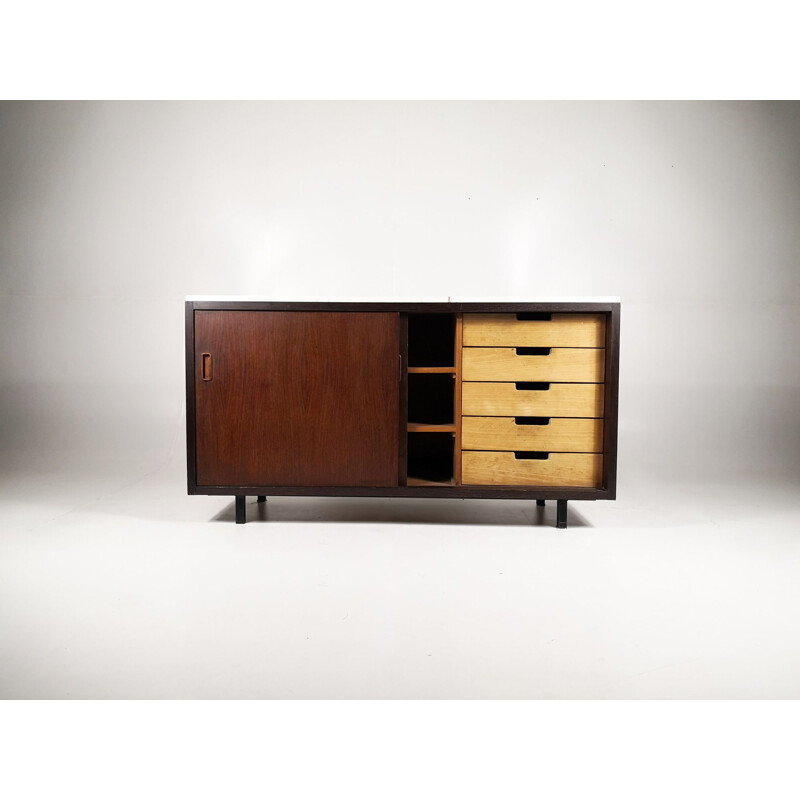 Vintage sideboard with two sliding doors in wenge and Carrara marble, Germany, 1960