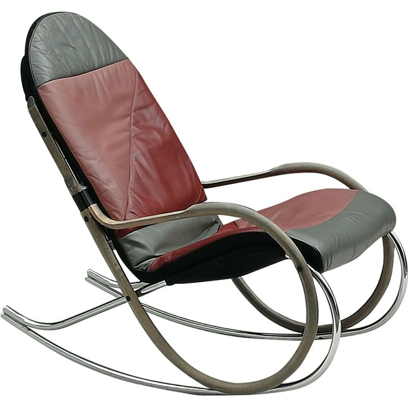 Vintage rocking chair acier, bois et cuir "Nonna" par Paul Tuttle pour Strässle