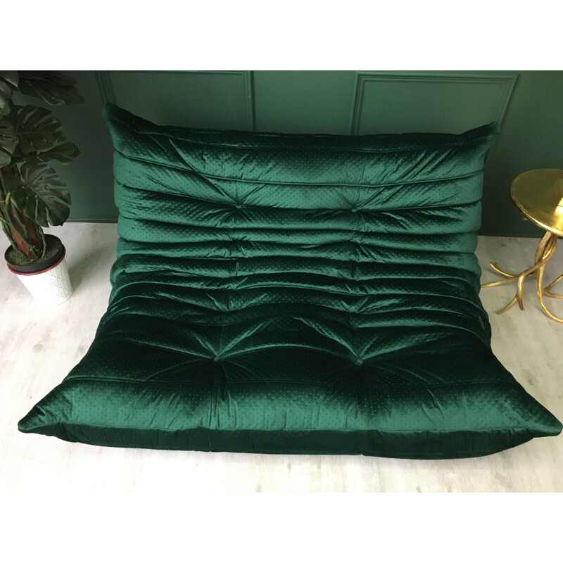 Vintage green velvet Togo two seater sofa by Ligne Roset