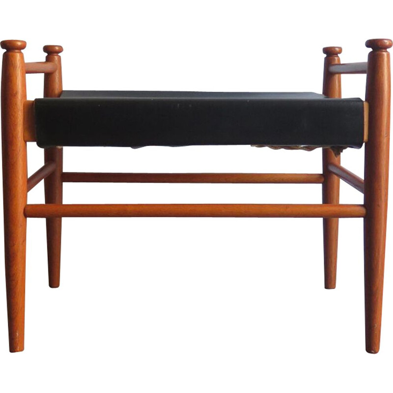 Vintage danish teak and black leather foot stool