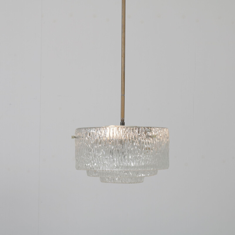 Vintage glass hanging lamp with brass details 1960