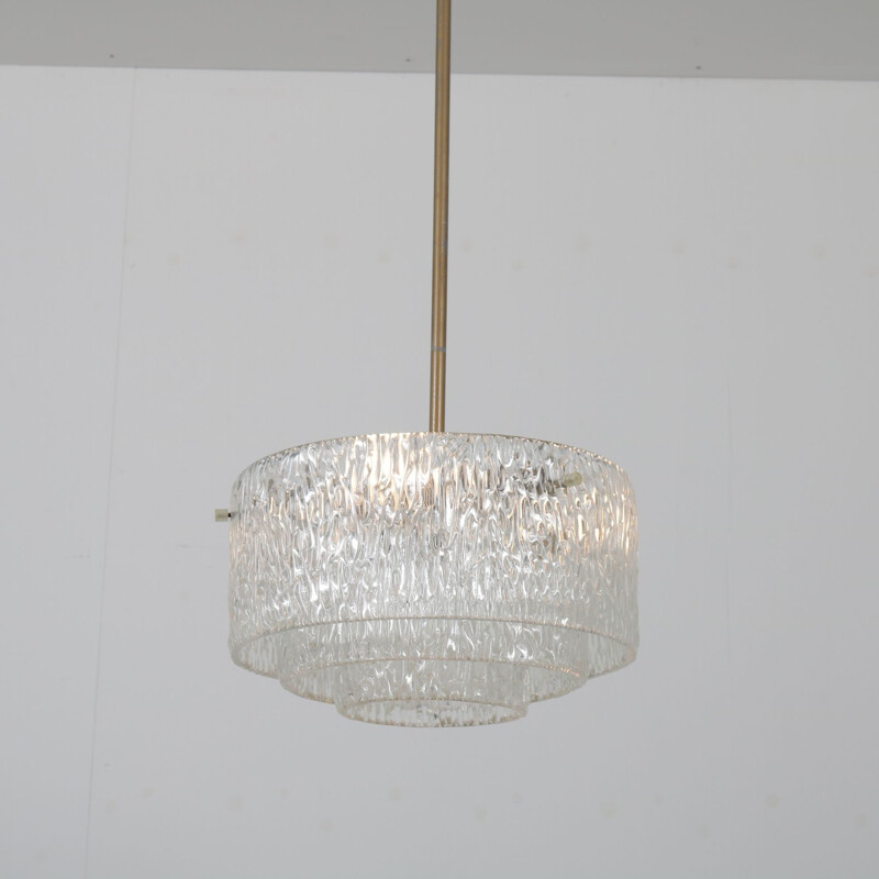 Vintage glass hanging lamp with brass details 1960