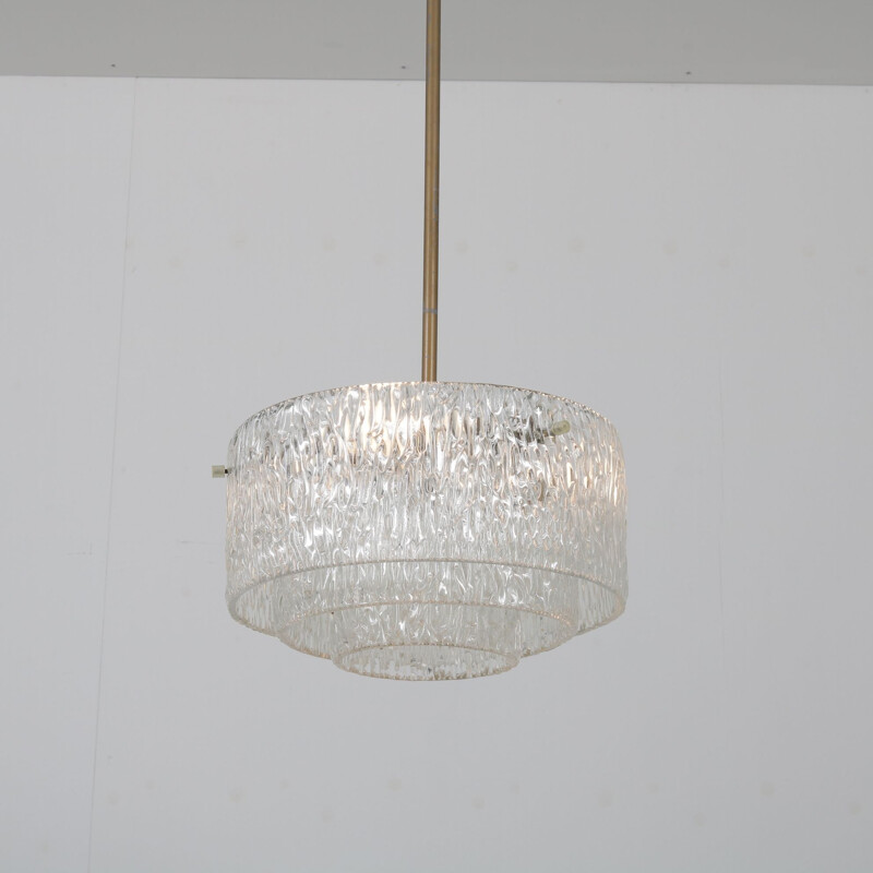 Vintage glass hanging lamp with brass details 1960