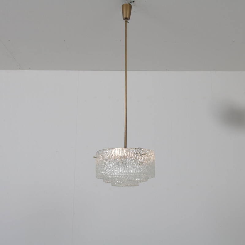 Vintage glass hanging lamp with brass details 1960