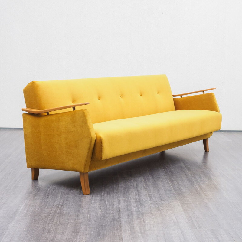 Vintage yellow fabric and beech sofa, 1950s