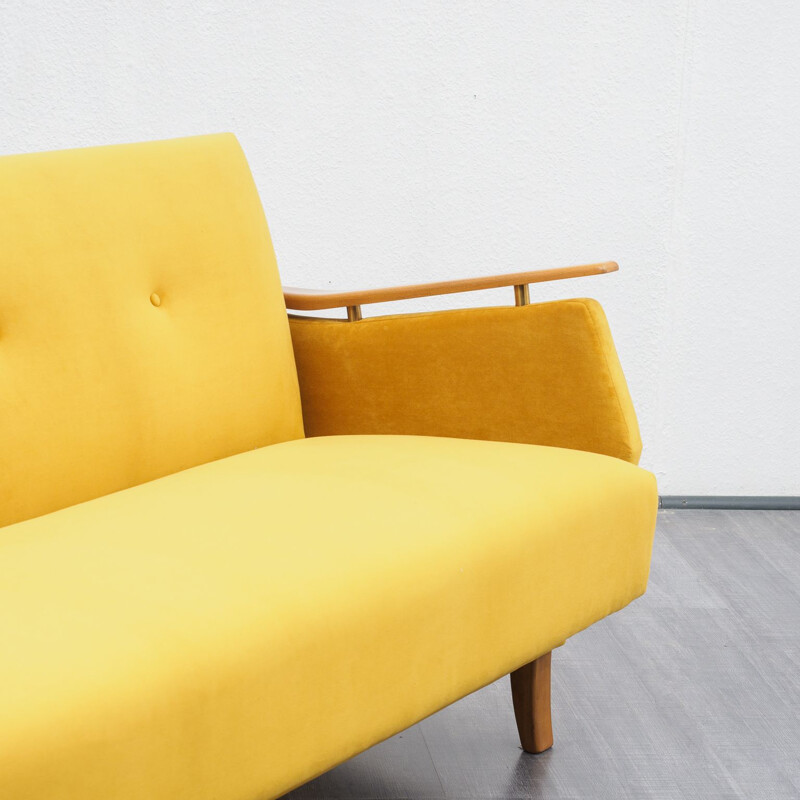 Vintage yellow fabric and beech sofa, 1950s