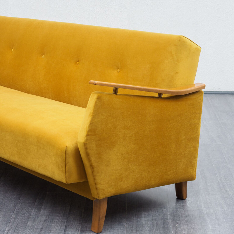 Vintage yellow fabric and beech sofa, 1950s