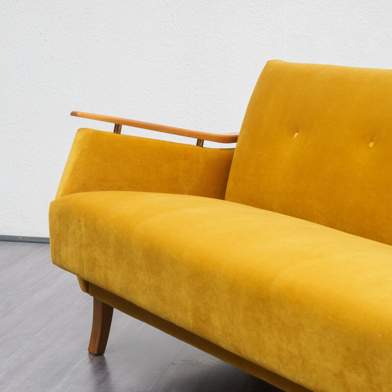 Vintage yellow fabric and beech sofa, 1950s