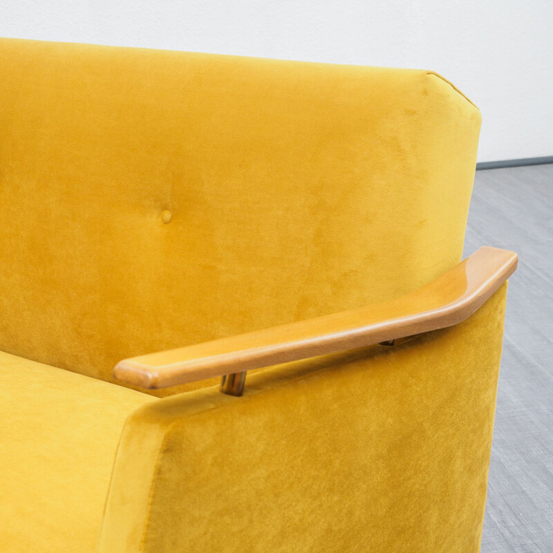 Vintage yellow fabric and beech sofa, 1950s