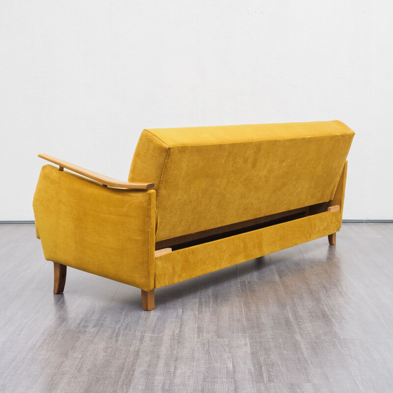 Vintage yellow fabric and beech sofa, 1950s