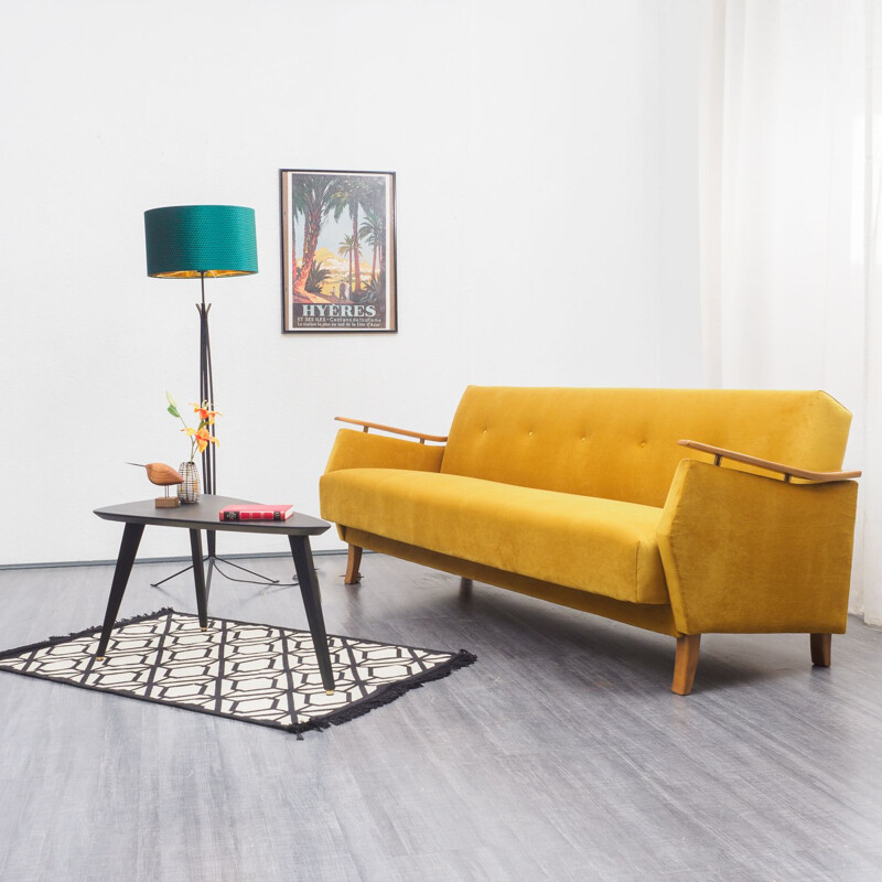 Vintage yellow fabric and beech sofa, 1950s