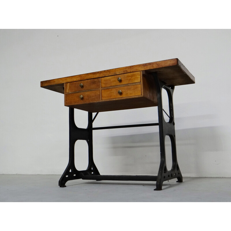 Vintage wood and iron work table, 1930s