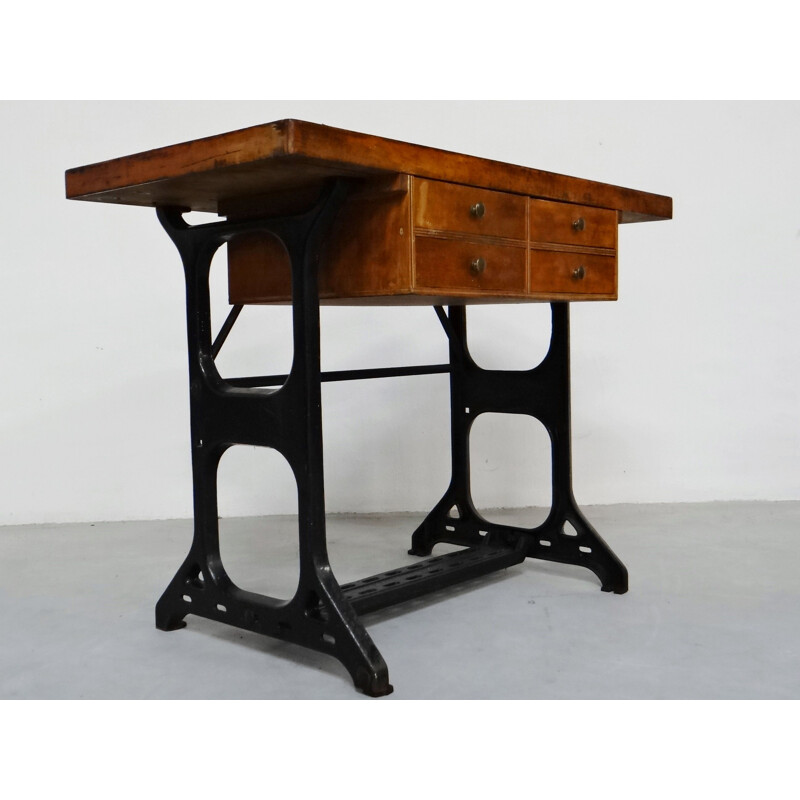 Vintage wood and iron work table, 1930s