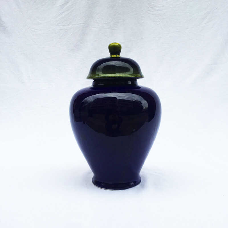 Vase vintage bleu en céramique fait à la main, 1980