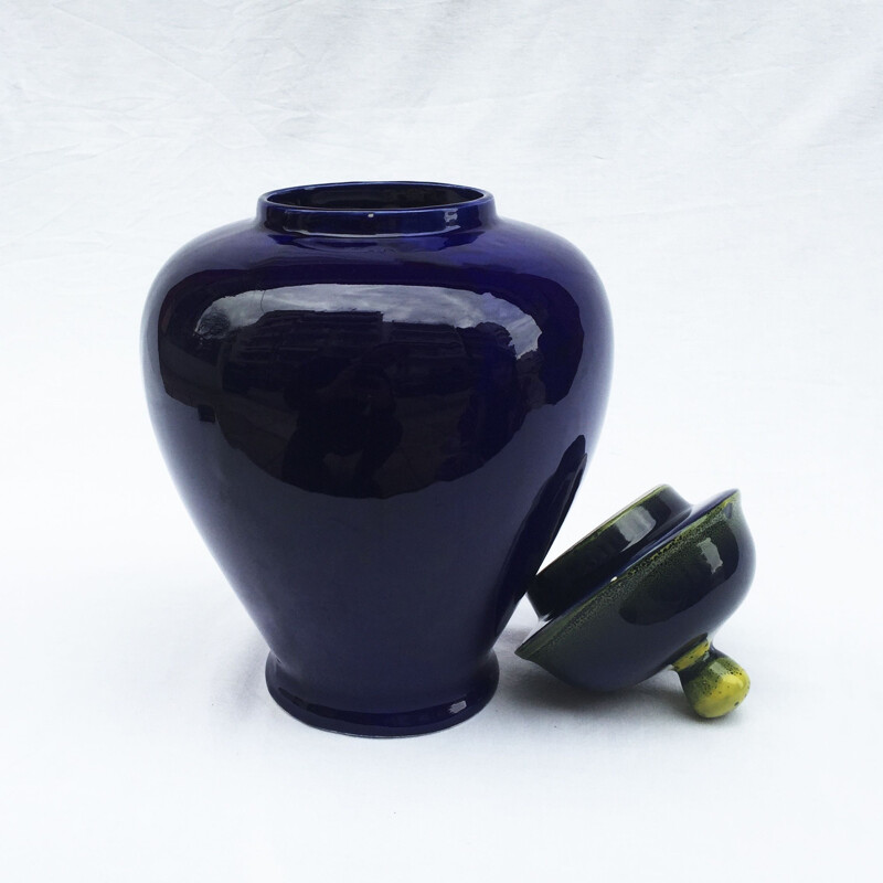 Vintage Handmade Blue Glazed Ceramic Jar, 1980s
