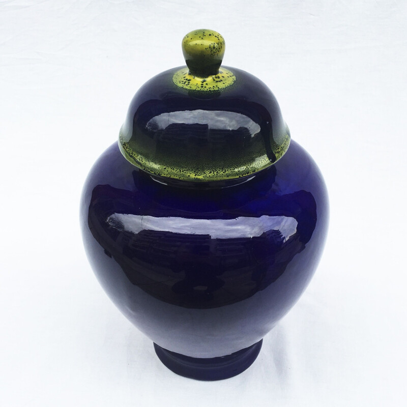 Vase vintage bleu en céramique fait à la main, 1980