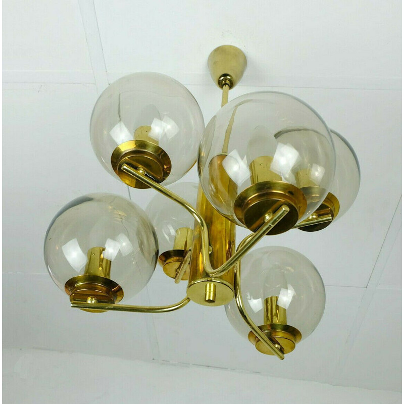Vointage brass and smoked glass chandelier, 1960s