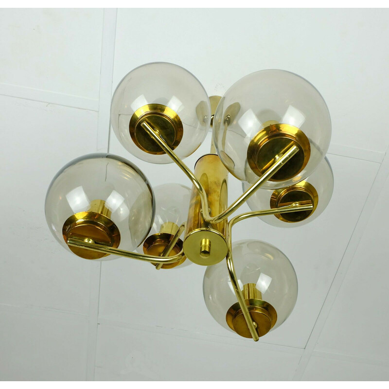 Vointage brass and smoked glass chandelier, 1960s