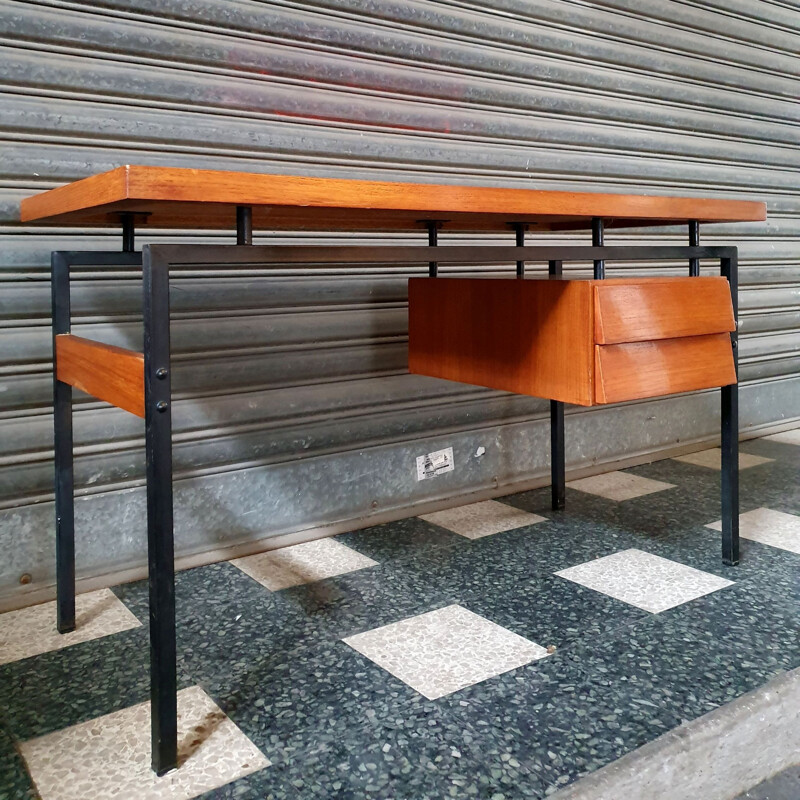 Bureau Moderniste - Caisson Suspendu - 1960s - Teck & Métal Laqué