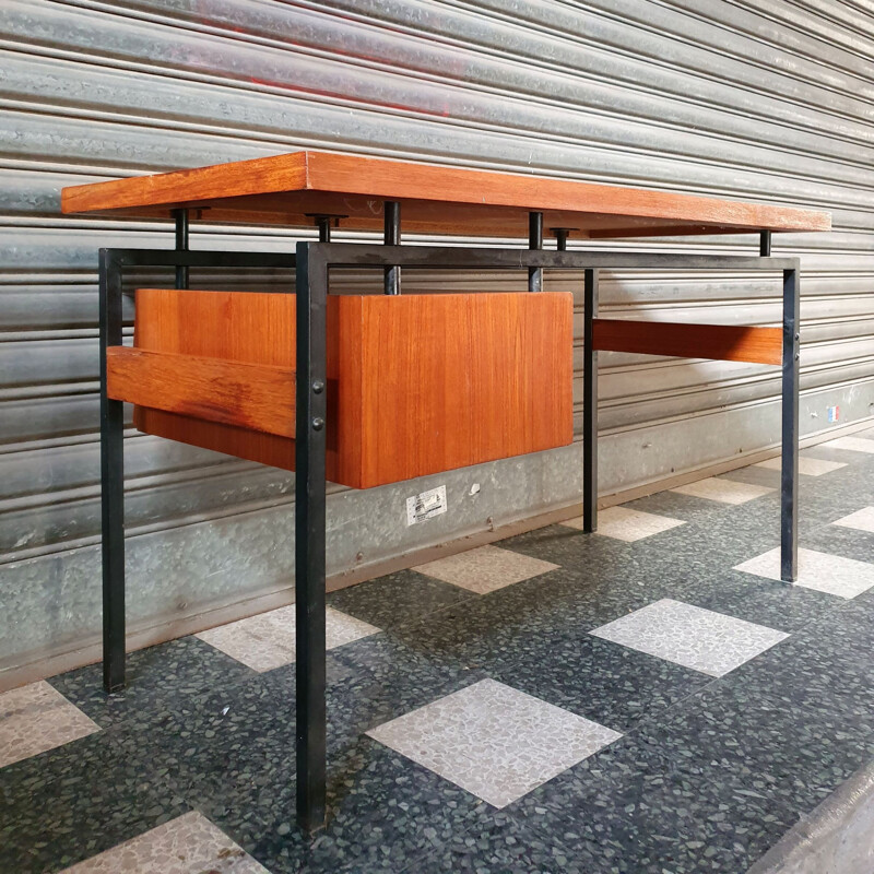 Bureau Moderniste - Caisson Suspendu - 1960s - Teck & Métal Laqué