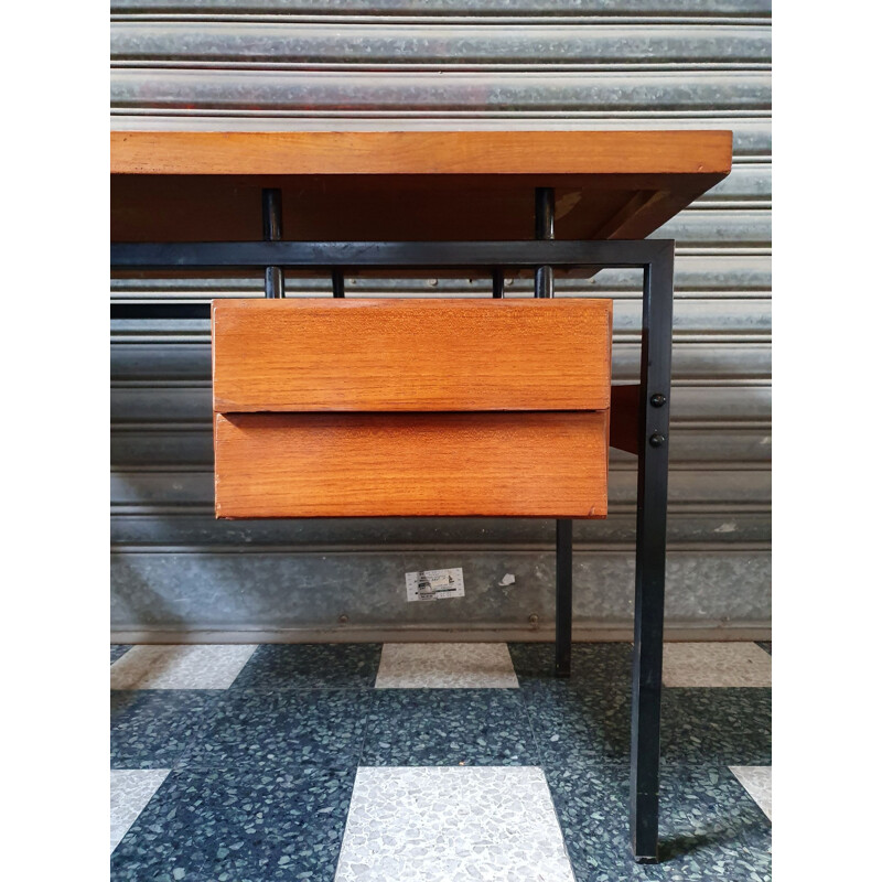Bureau Moderniste - Caisson Suspendu - 1960s - Teck & Métal Laqué