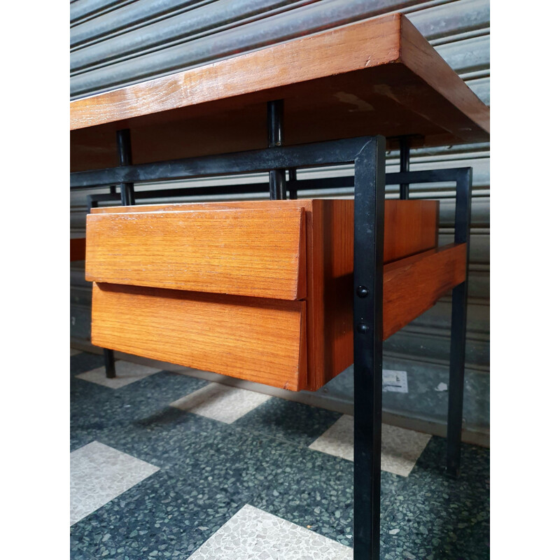 Bureau Moderniste - Caisson Suspendu - 1960s - Teck & Métal Laqué