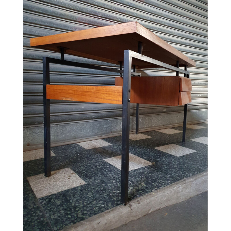 Bureau Moderniste - Caisson Suspendu - 1960s - Teck & Métal Laqué